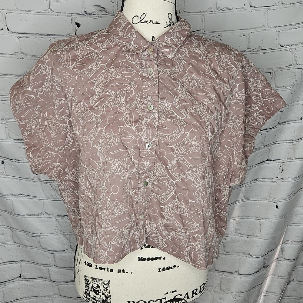 Madewell Cropped Dolman Sleeve Cotton Embroidered Button-Up Shirt Size Large